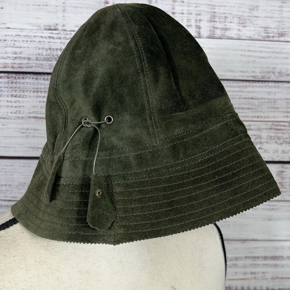 J. Crew Women's M/L 100% Leather Suede Bucket Hat Designer Classic Green Tassel